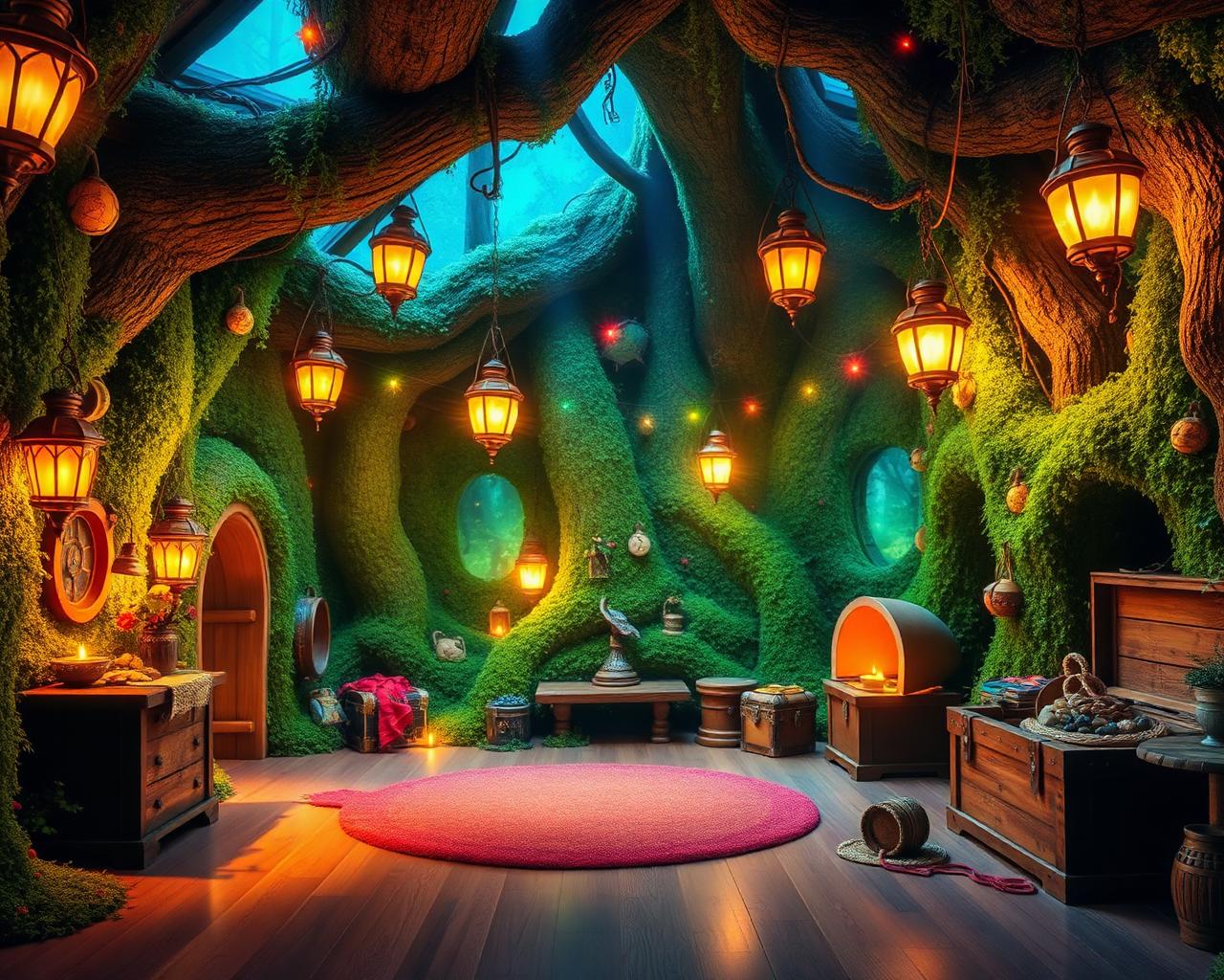 A whimsical magical studio play space inside an enchanted tree