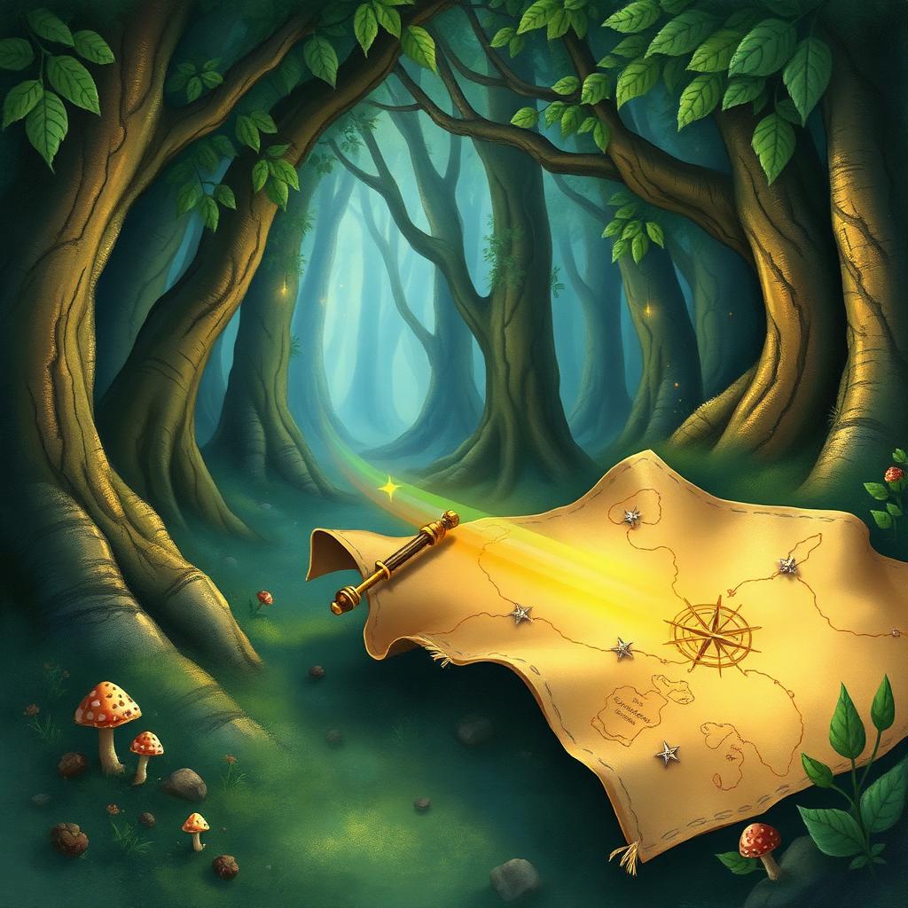 A magical treasure map glowing in an enchanted forest